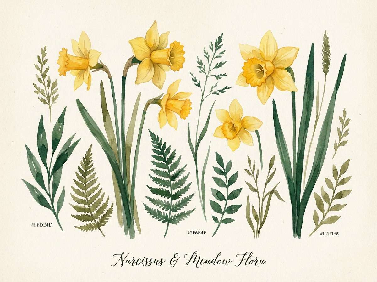 watercolor daffodil meadow illustration