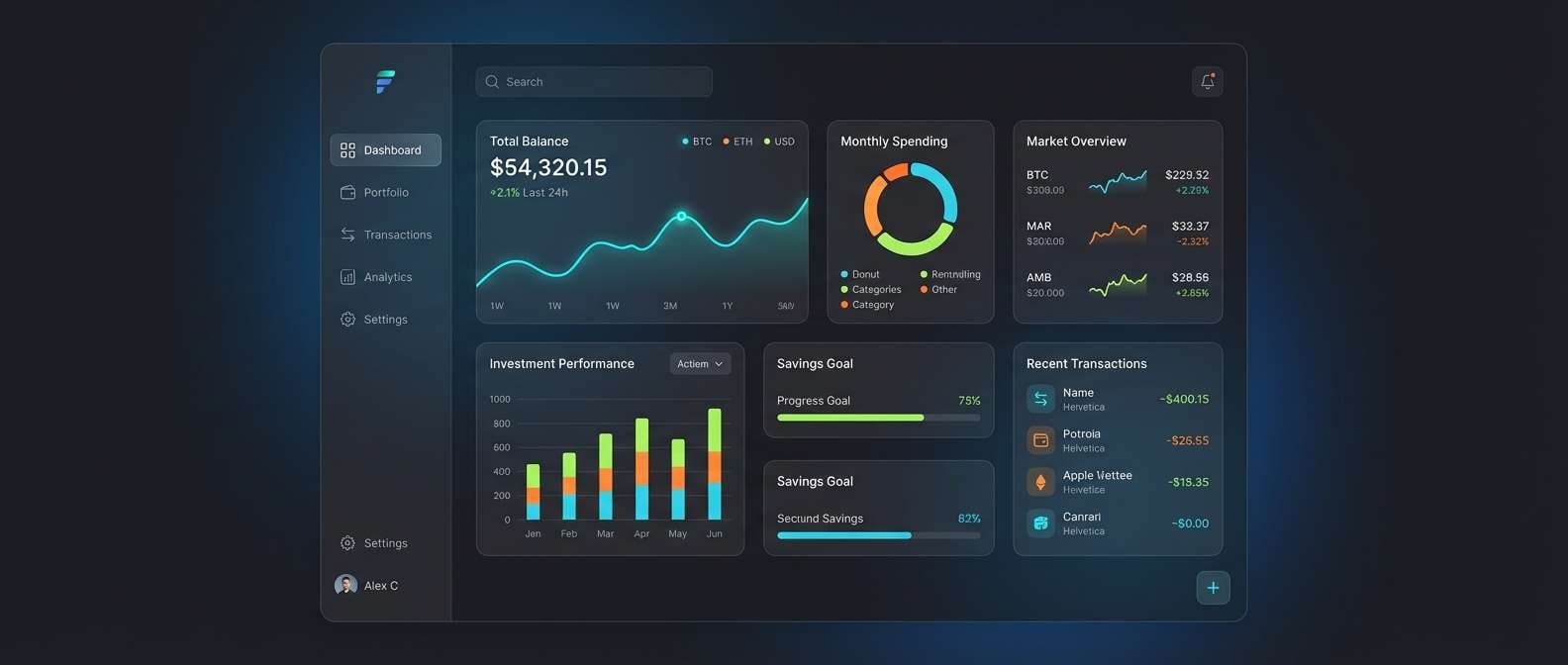 dark finance dashboard ui