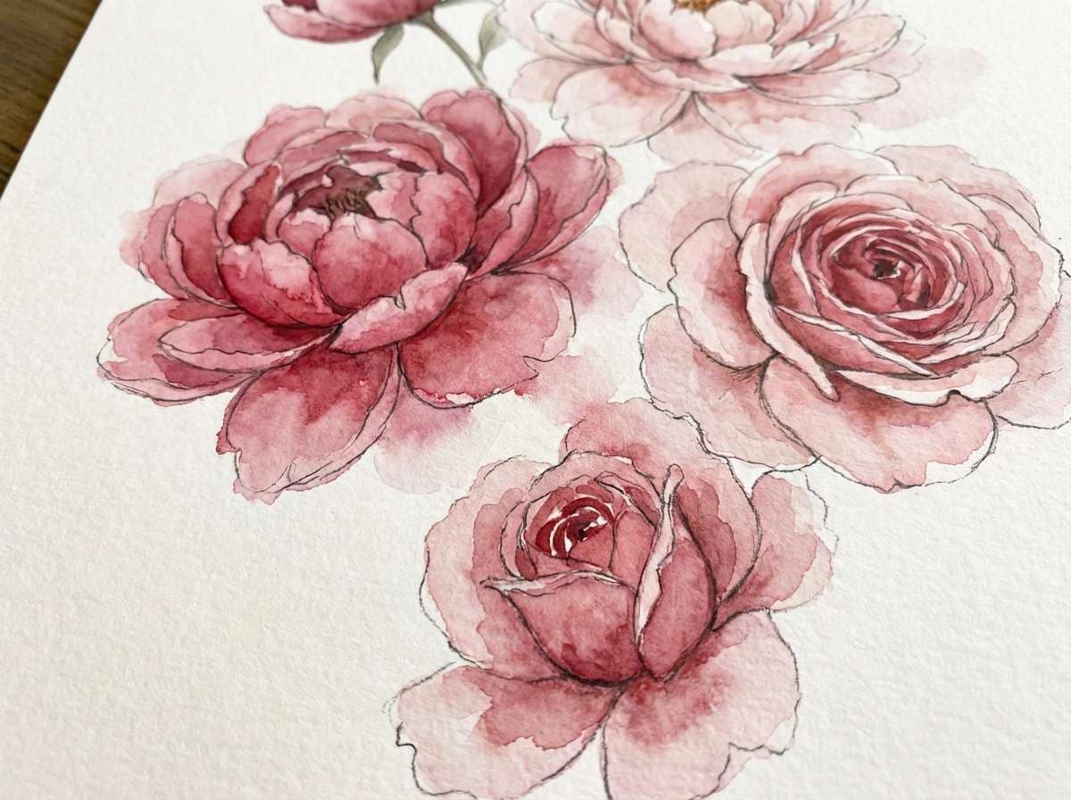 deep rose watercolor flowers