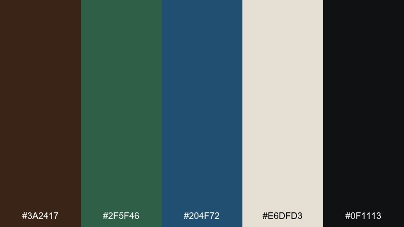 deep harbor grove brown green blue color palette with hex codes