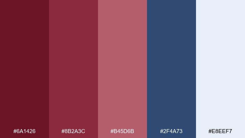 denim and maroon color palette with hex codes