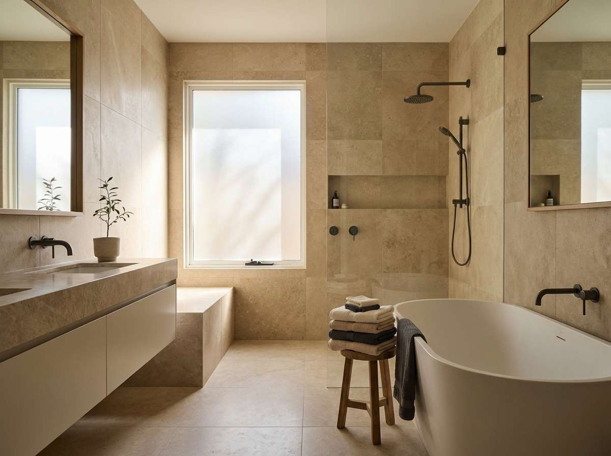 spa bathroom in warm neutrals