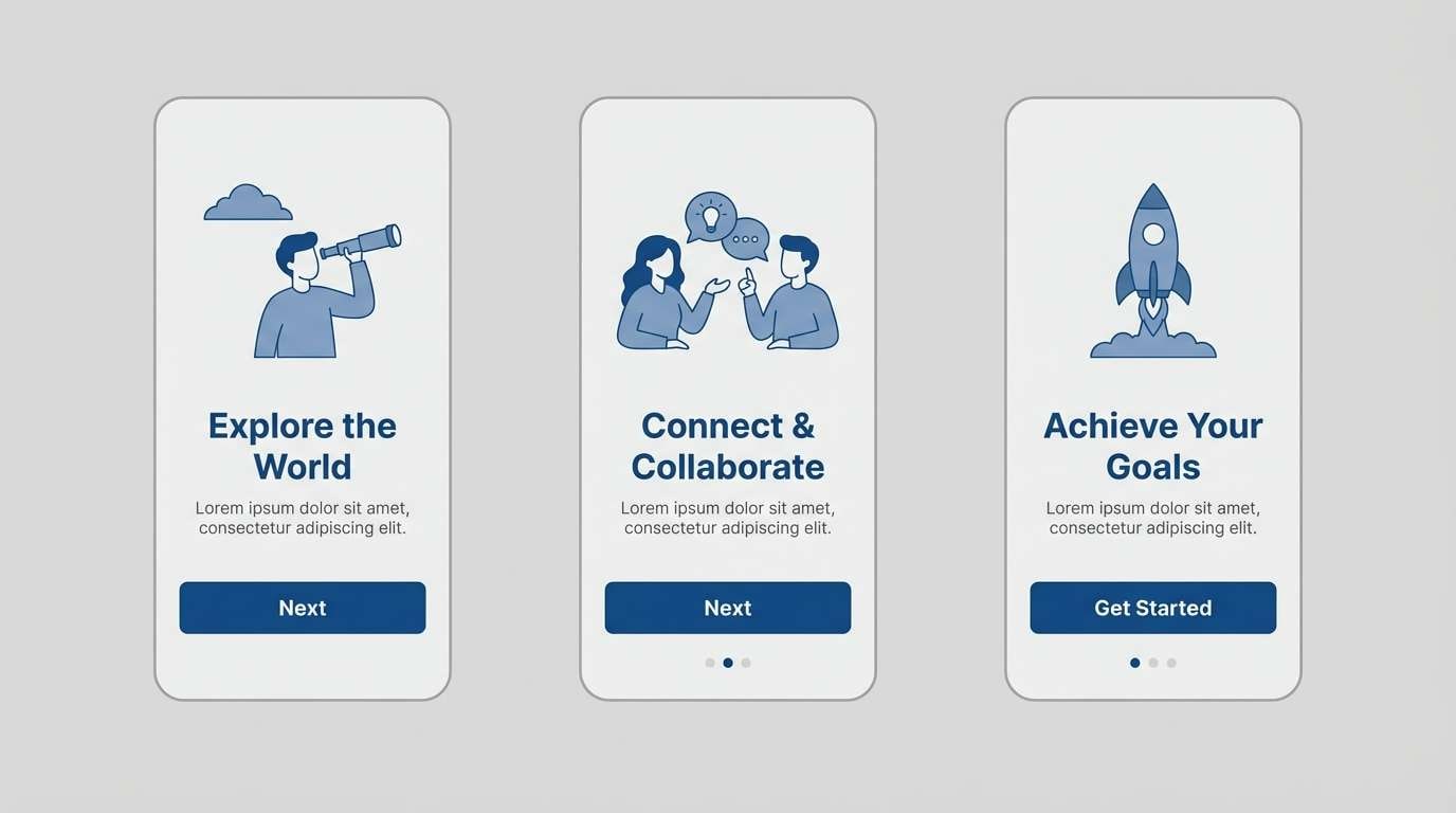 onboarding screens in denim blues