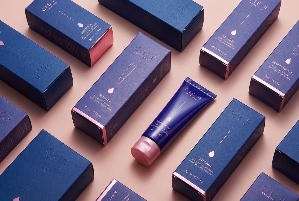 cosmetics packaging in indigo and pink