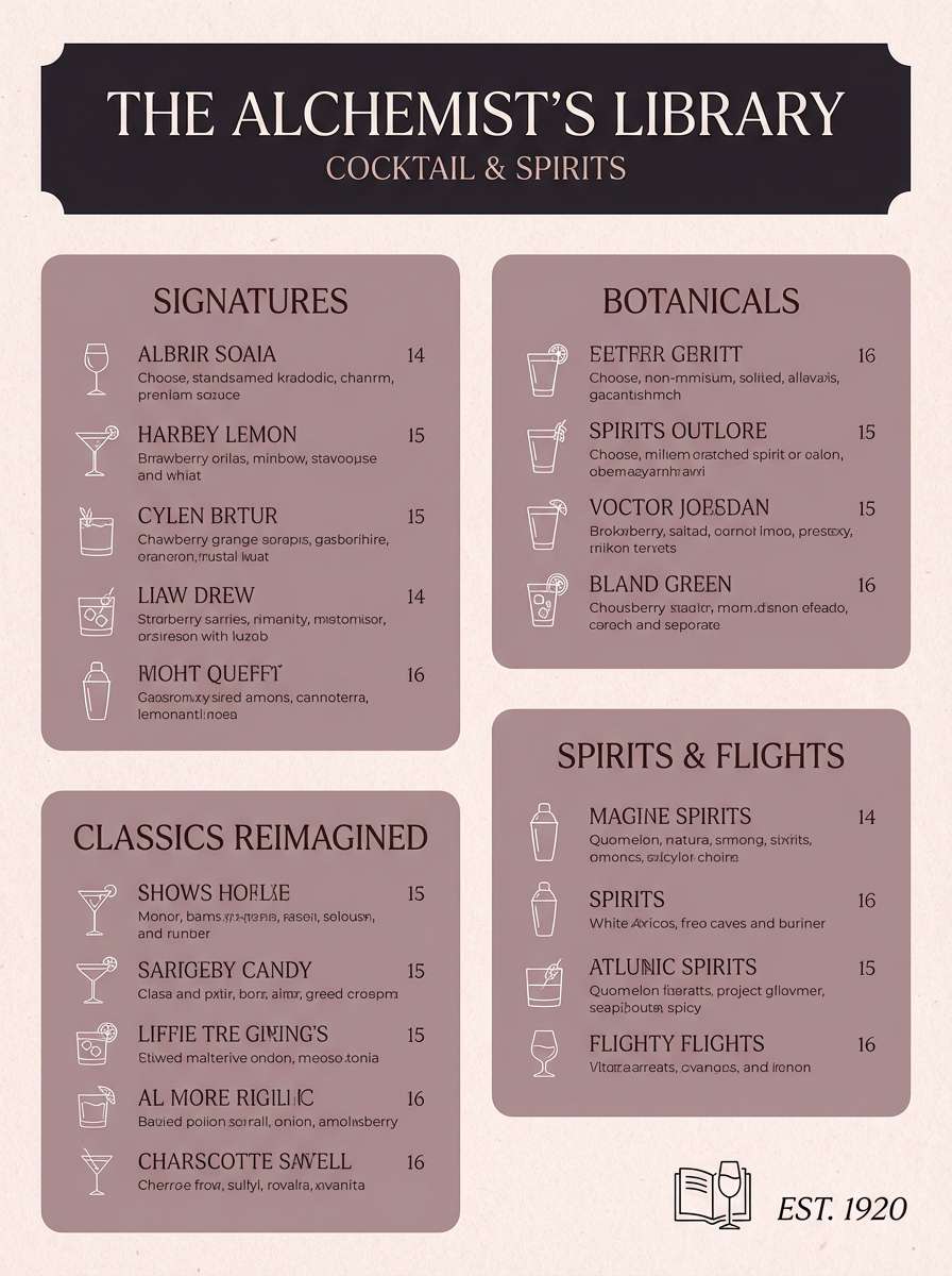 burgundy cocktail menu layout