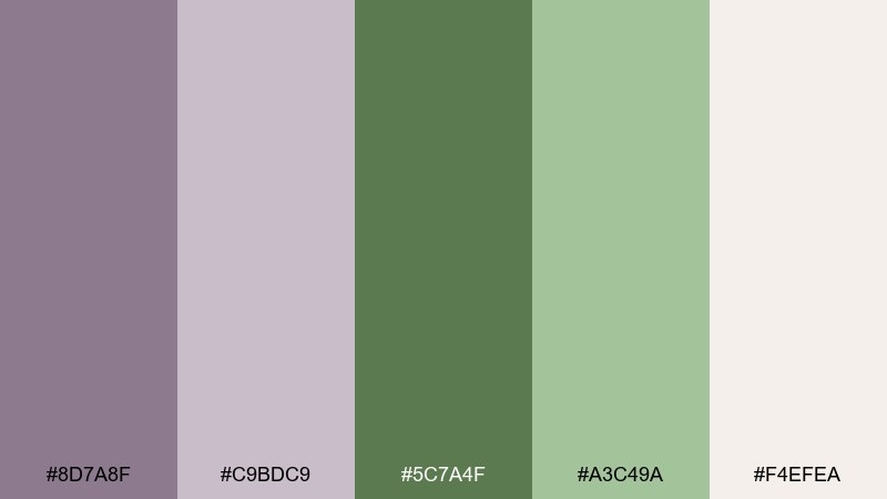dusty purple green tea color palette with hex codes