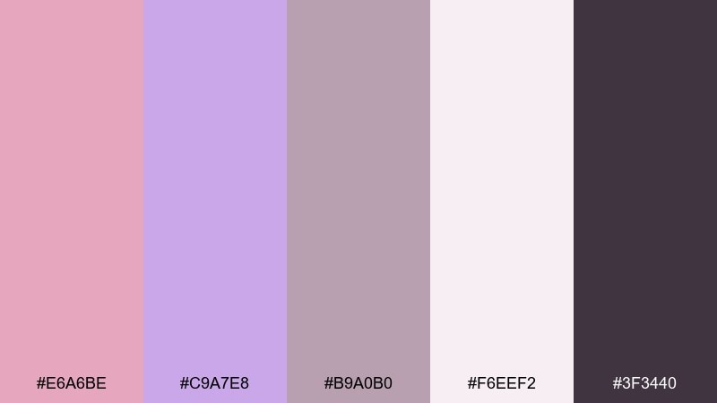 dusty romance pink lavender color palette with hex codes