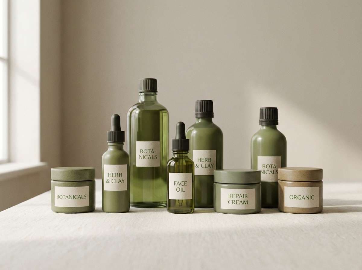 skincare ad in muted herb greens