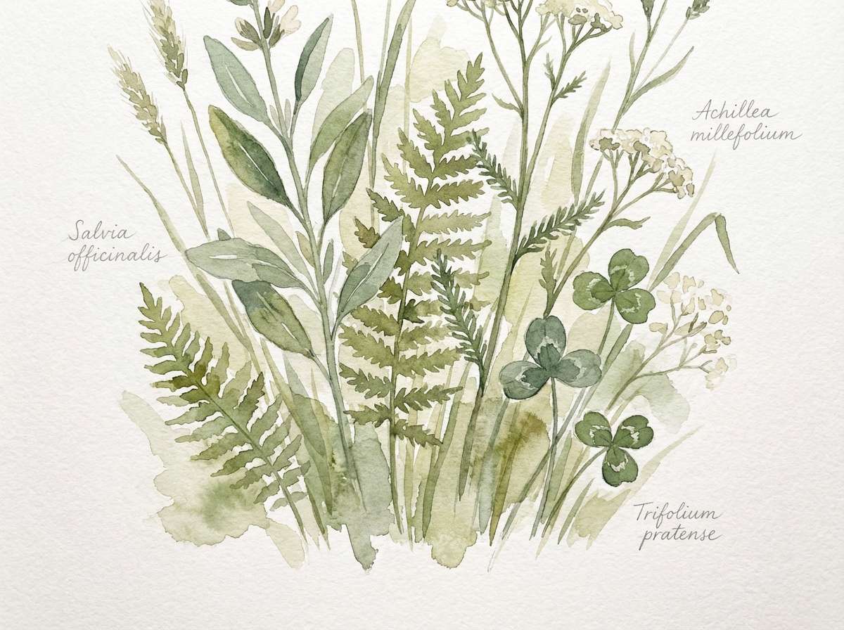 watercolor meadow herbs in sage greens