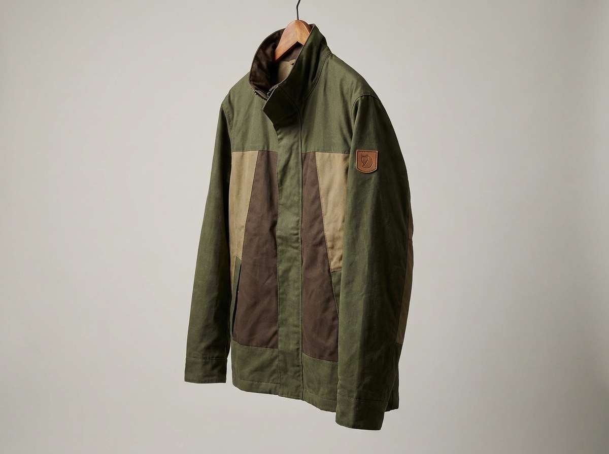 outdoor jacket ad in mossy tones