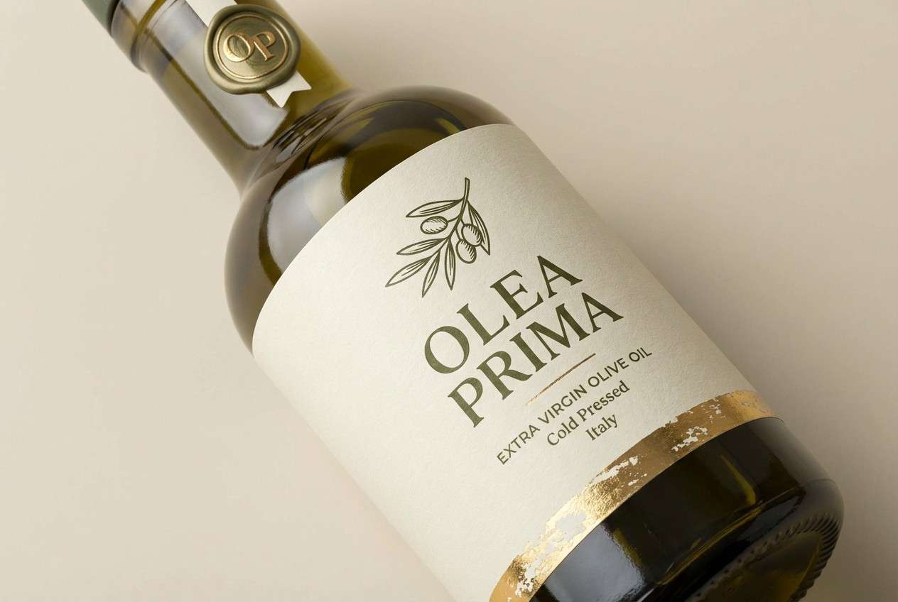 olive oil packaging in green and cream