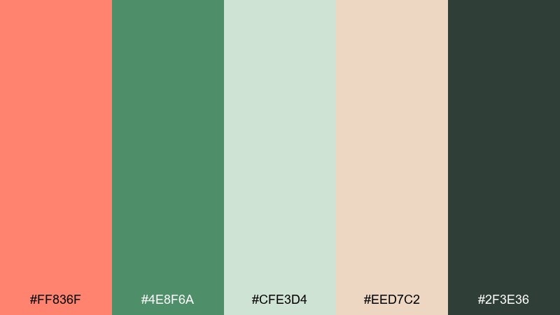 earthy clay and fern coral green color palette with hex codes
