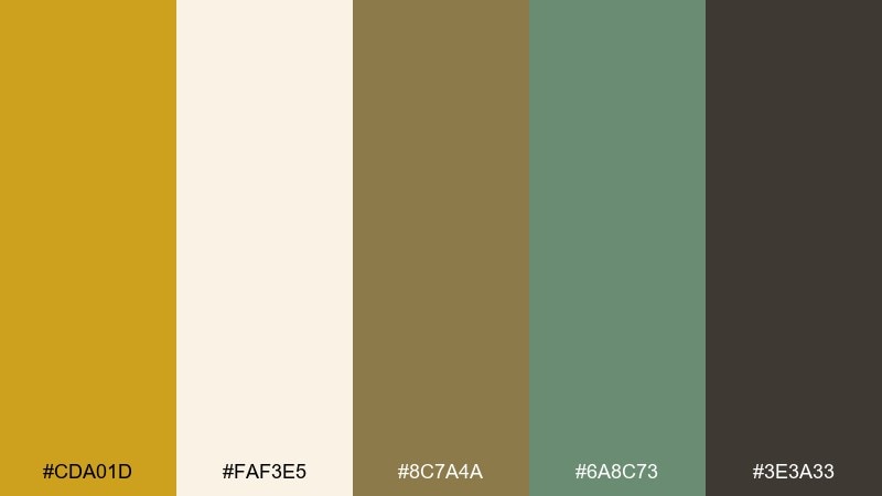 earthy kitchen mustard color palette with hex codes