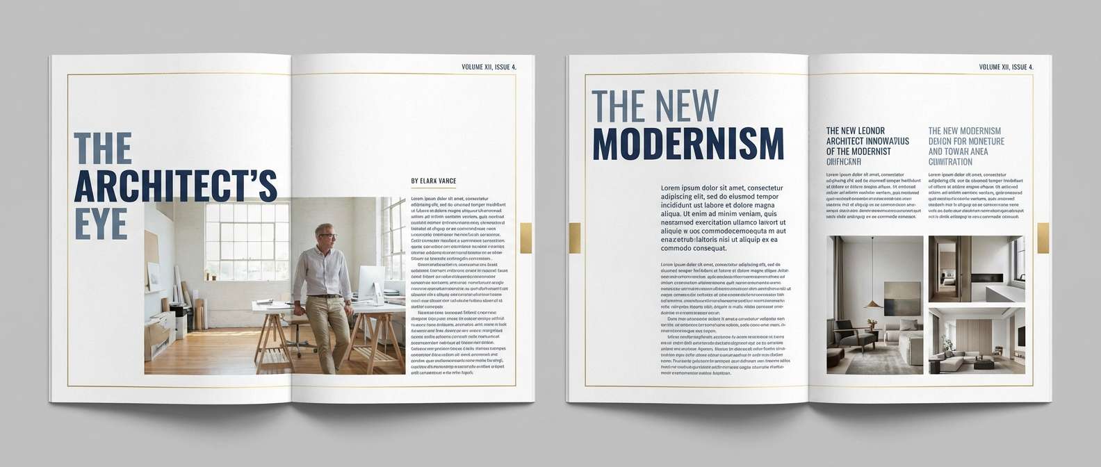 editorial magazine spread in gold color scheme