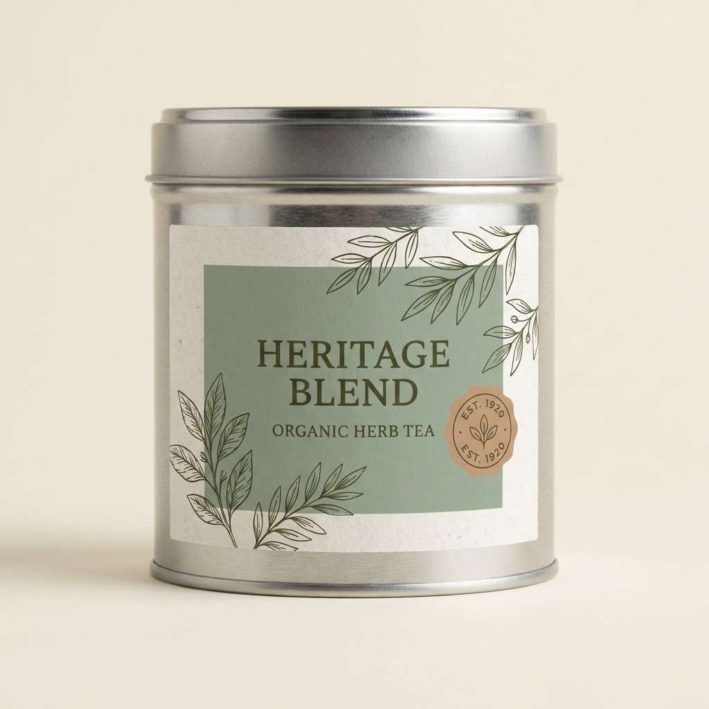 botanical tea label tin