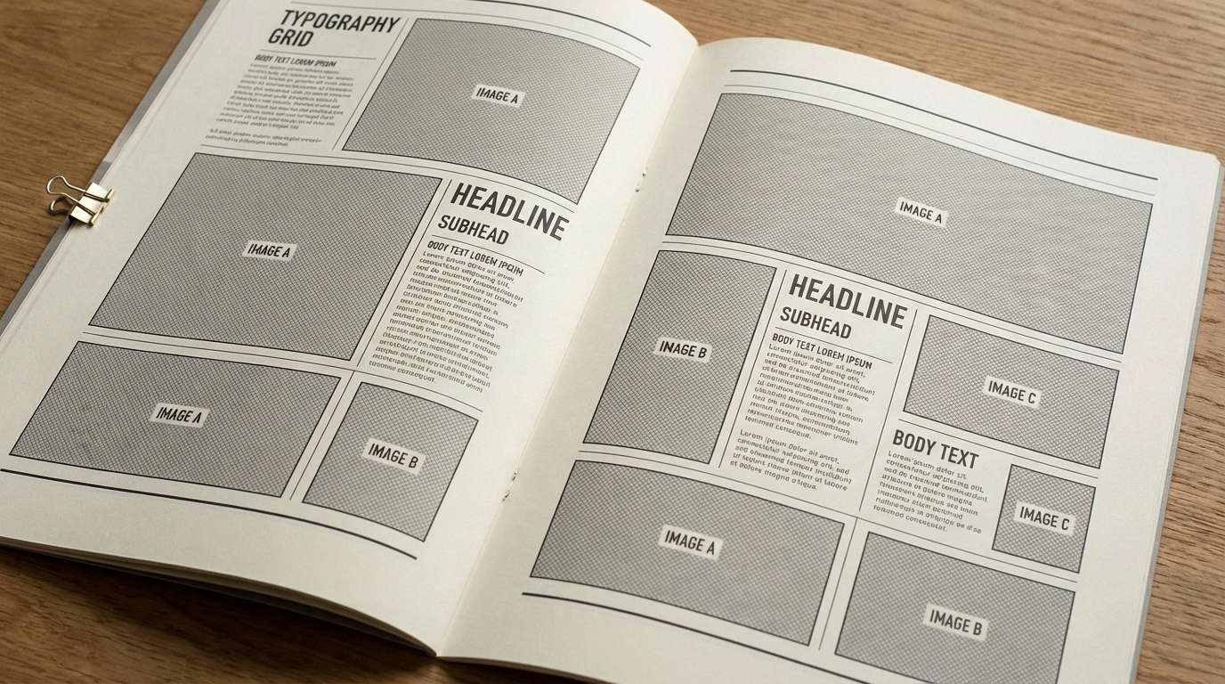 neutral editorial spread layout