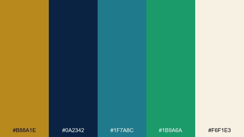 emerald harbor gold blue green color palette with hex codes