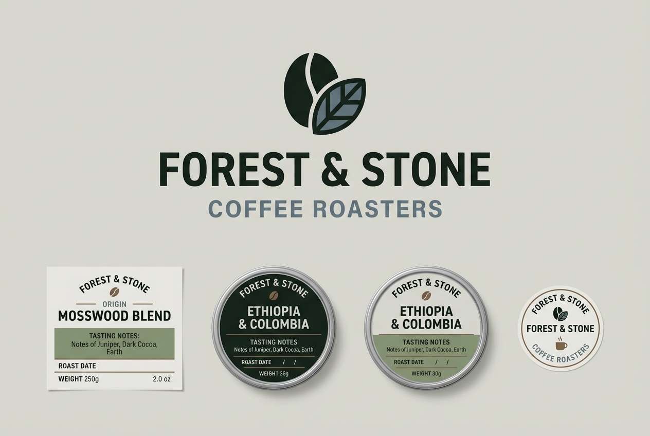 coffee labels in dusk greens