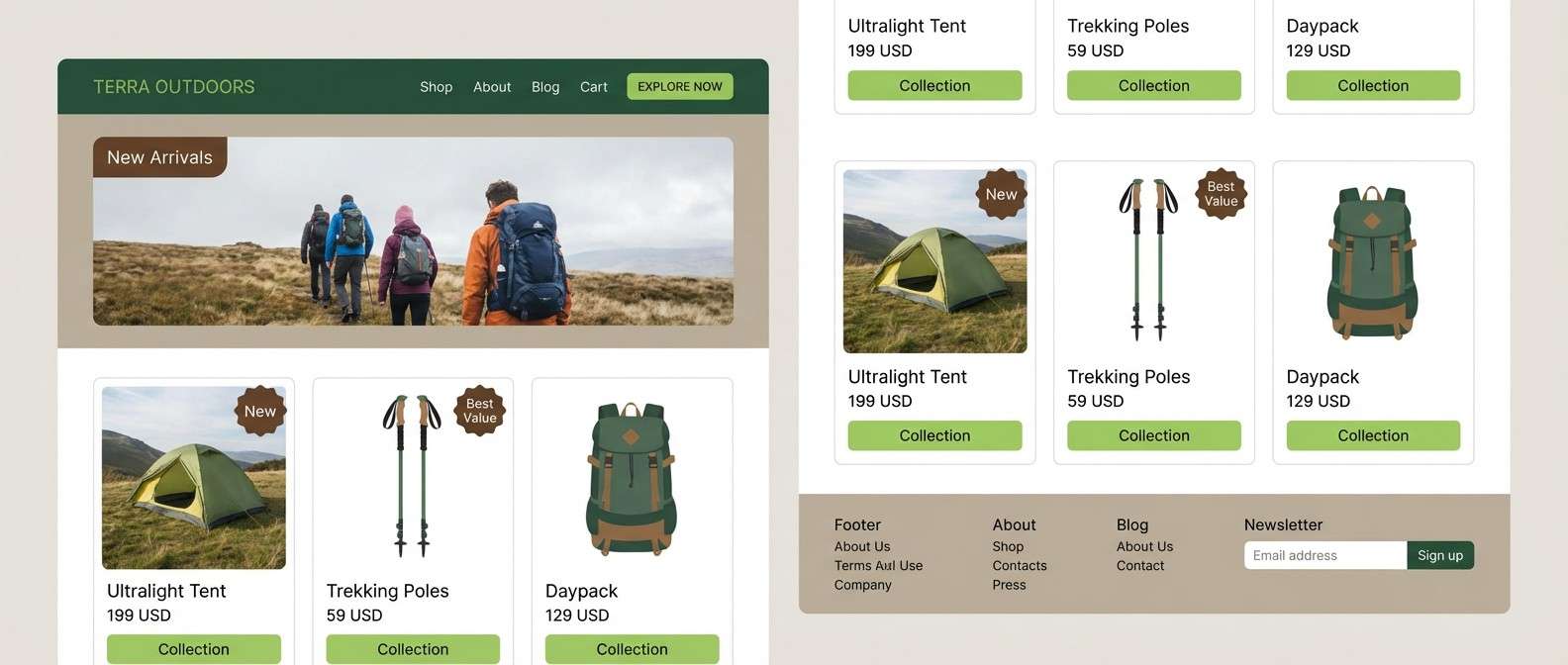 outdoor ecommerce ui in greens