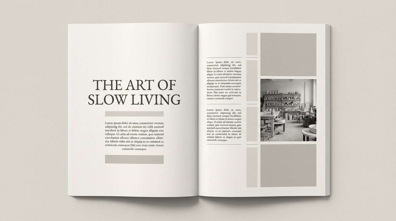 neutral editorial spread layout