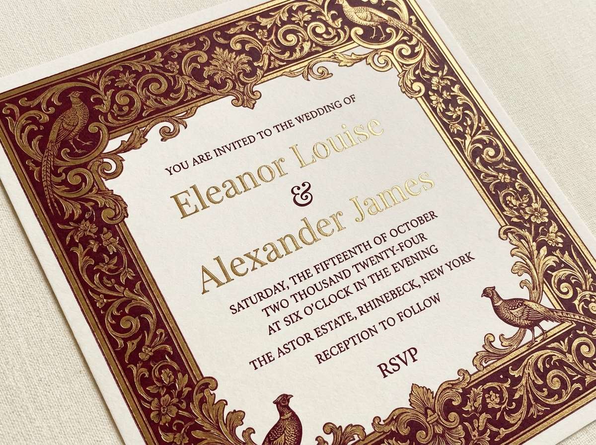 maroon and gold colored fall wedding invitation card