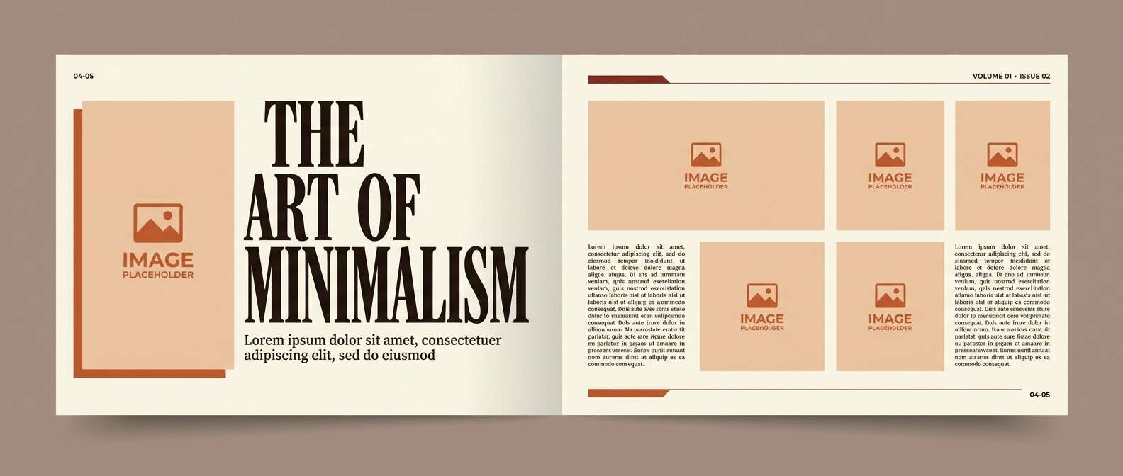 fashion editorial spread layout in brown red orange color palette