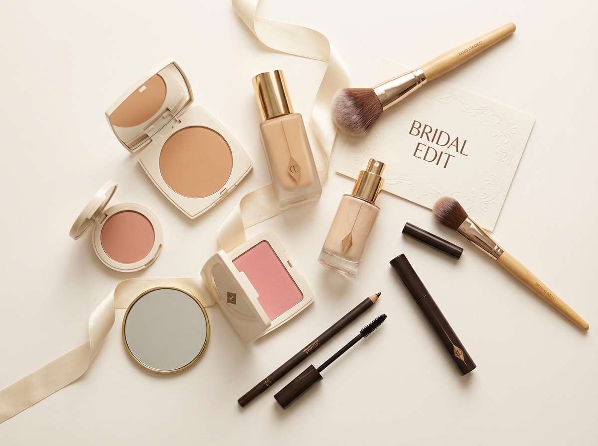 bridal makeup flat lay