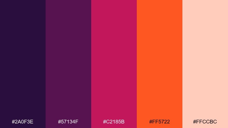 festival dusk purple red orange color palette with hex codes
