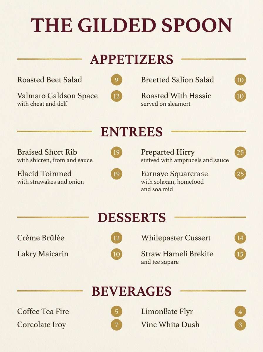 maroon gold colored fine dining menu layout