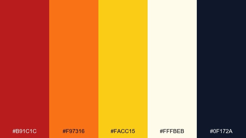 firelight landing red orange yellow color palette with hex codes