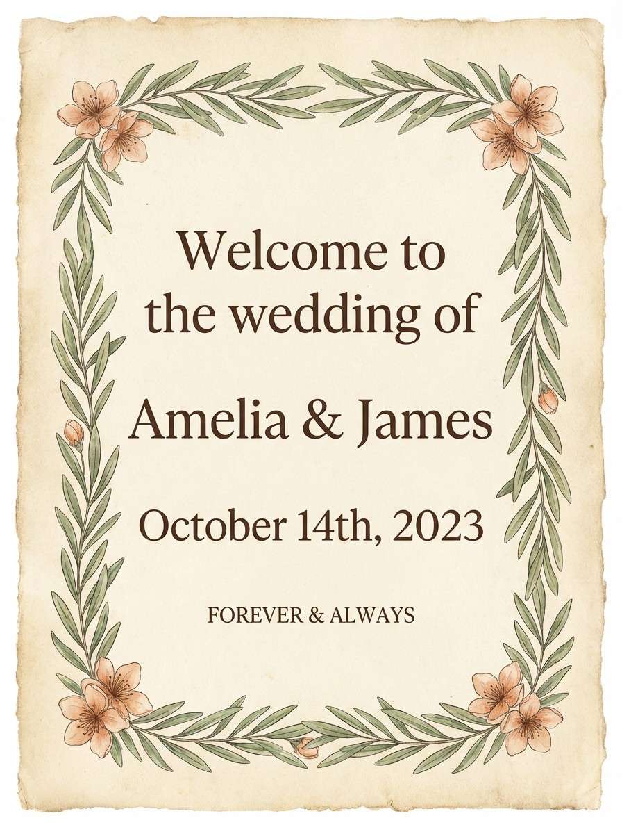 antique petals wedding signage