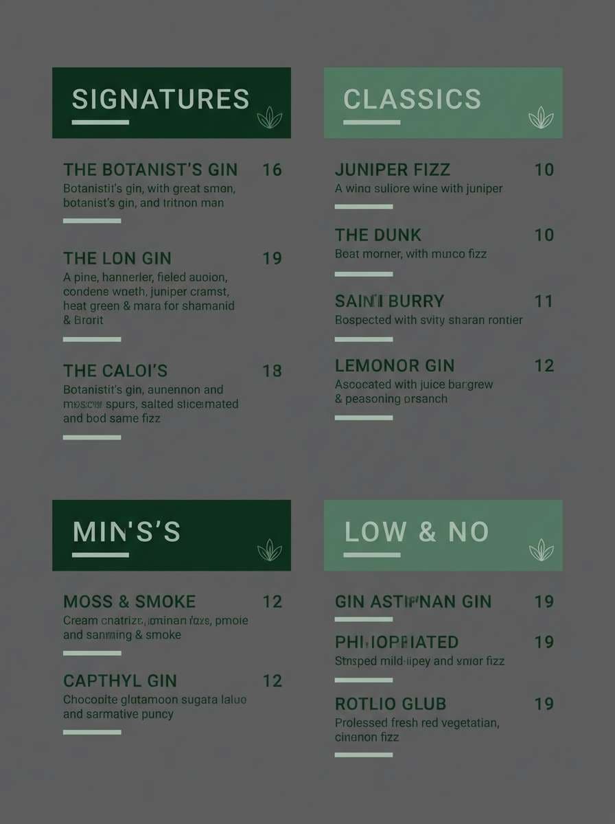cocktail menu dark greens