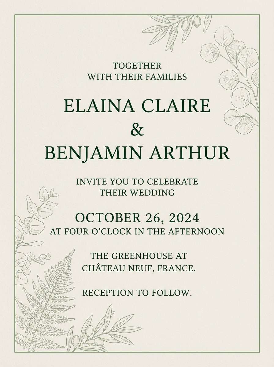 wedding invitation in muted greens