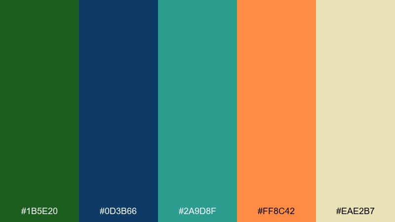 forest harbor green blue orange color palette with hex codes