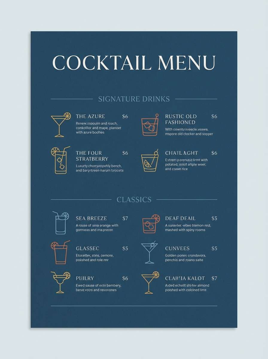 cocktail menu design in french blue color scheme