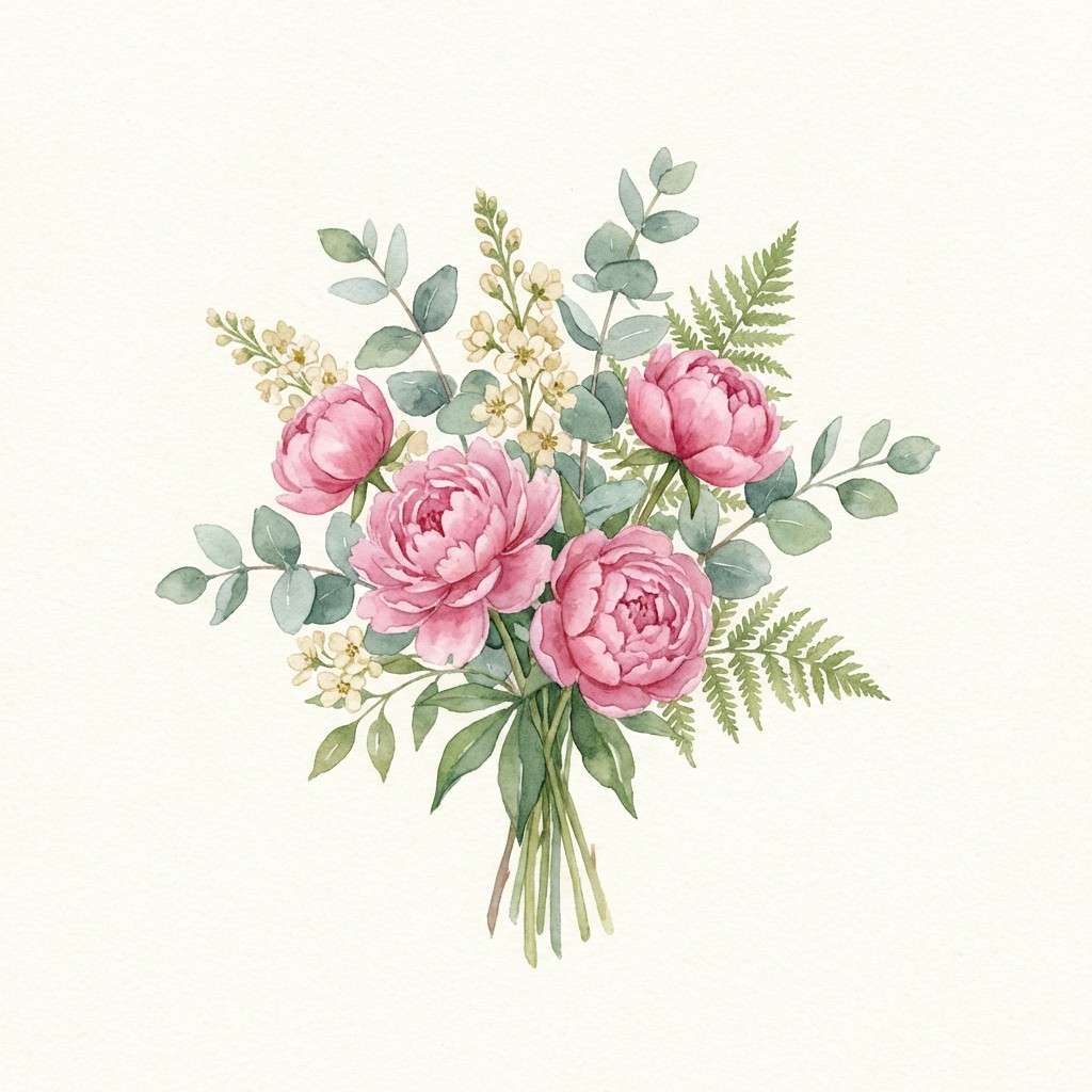 peony eucalyptus watercolor bouquet