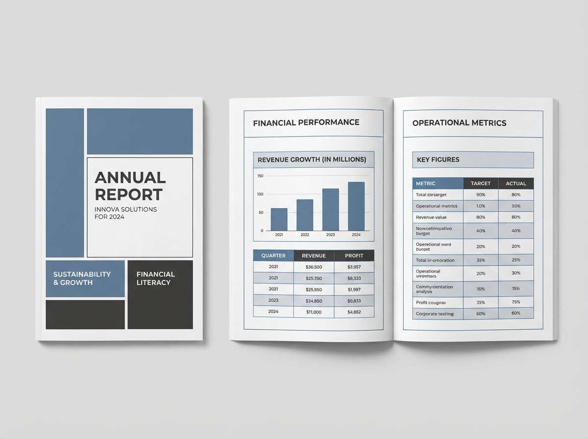 finance report layout in slate blue