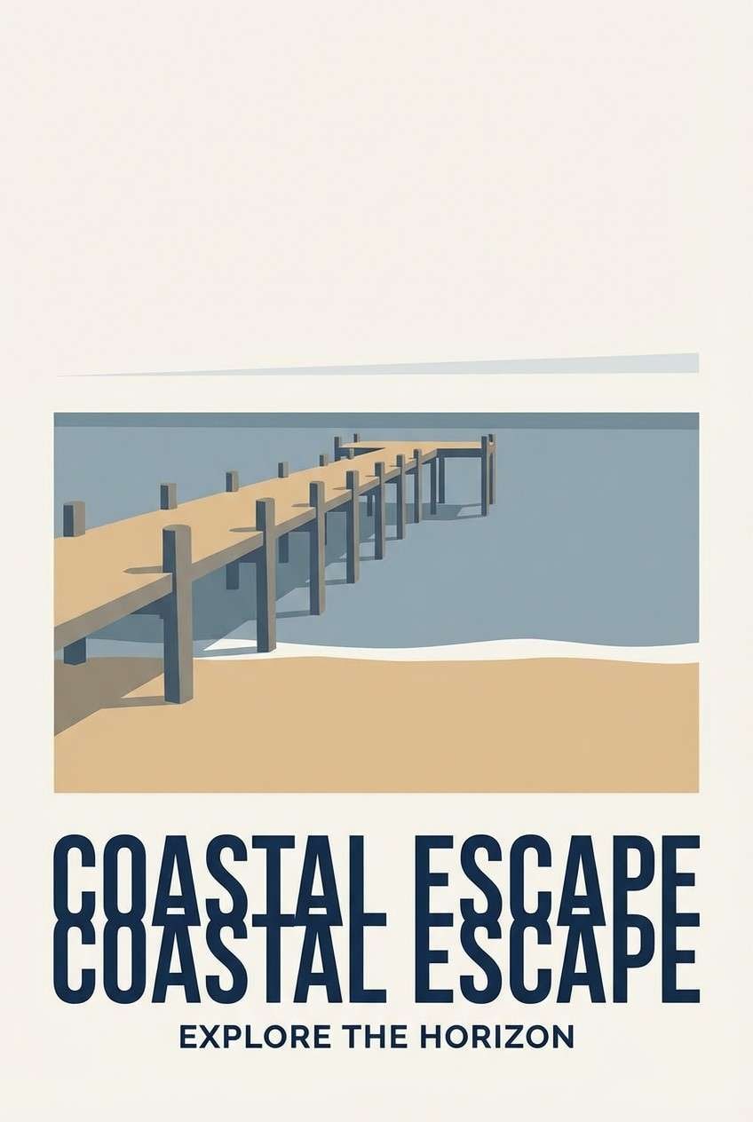travel poster in sunlit coastal colors