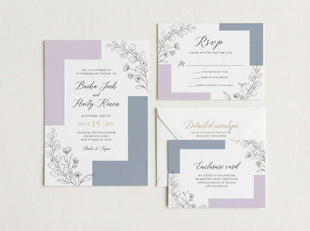 wedding invitation in lavender and blue-gray