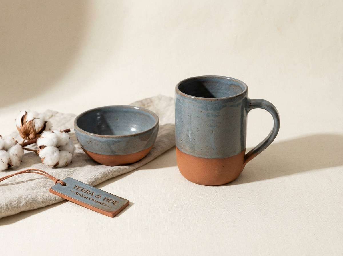 ceramic product ad in terracotta and blue