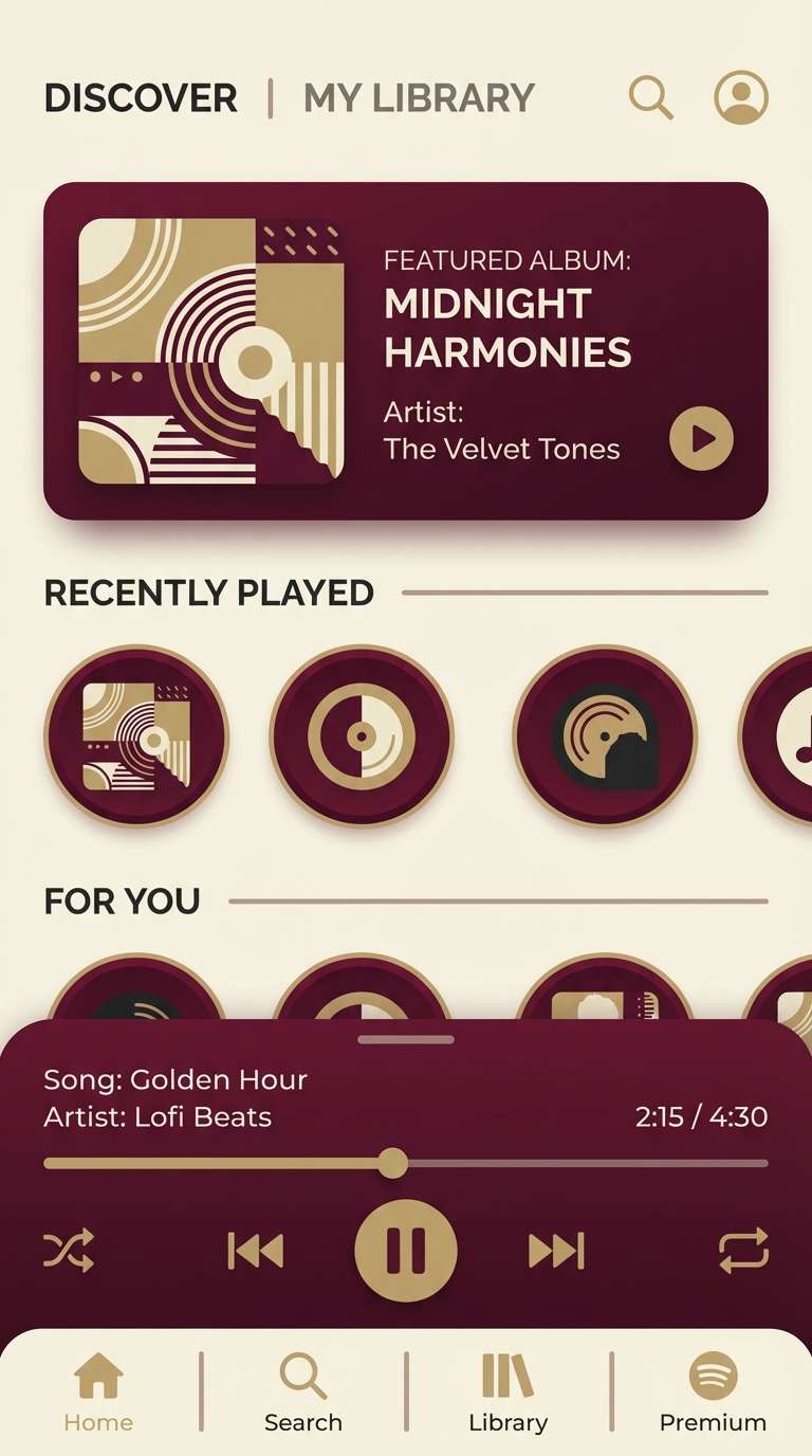 music app ui in burgundy gold