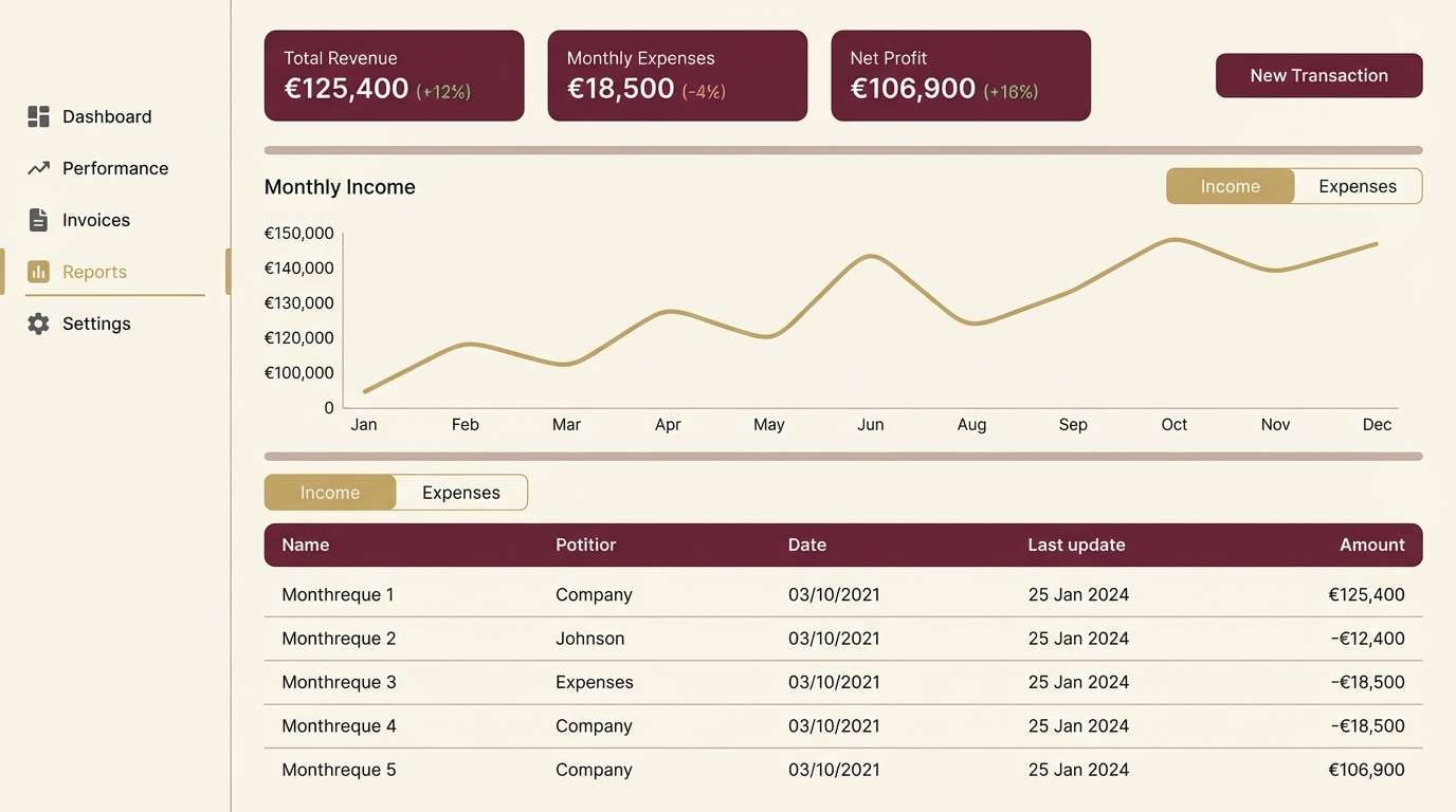 finance dashboard in burgundy gold