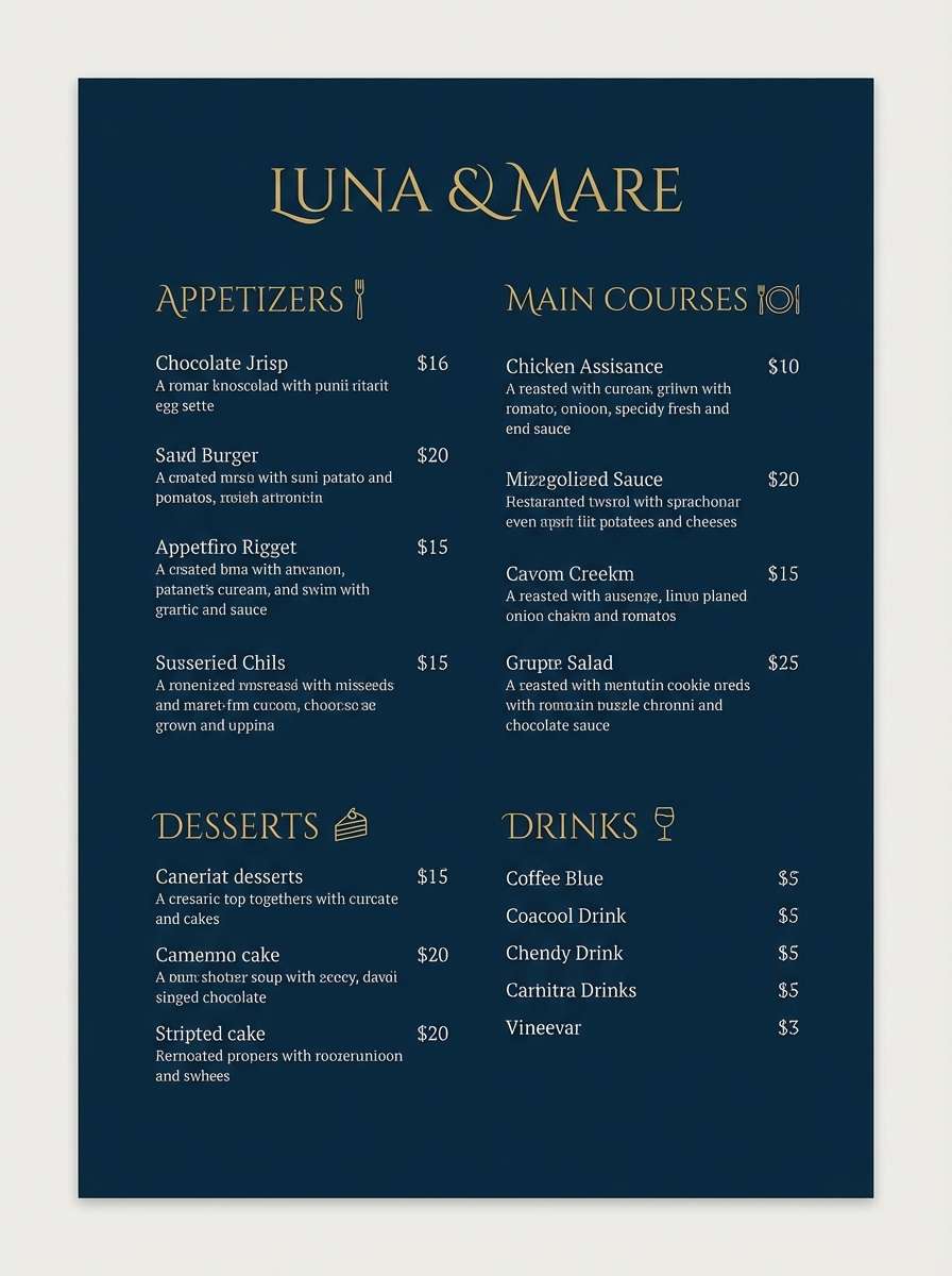 restaurant menu navy gold
