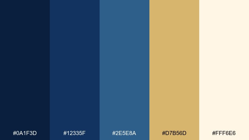 gold-trimmed navy color palette with hex codes