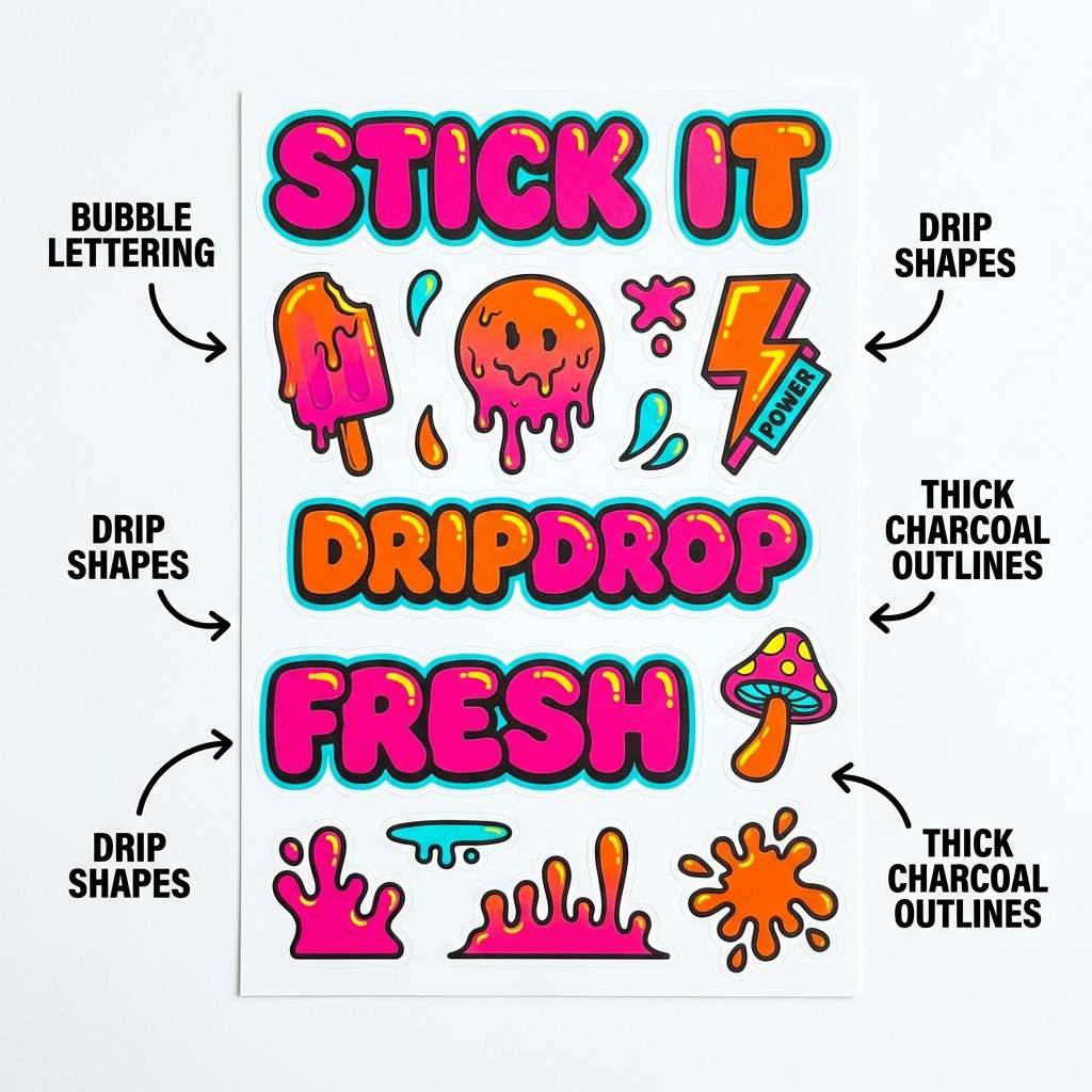 sticker sheet with drip lettering