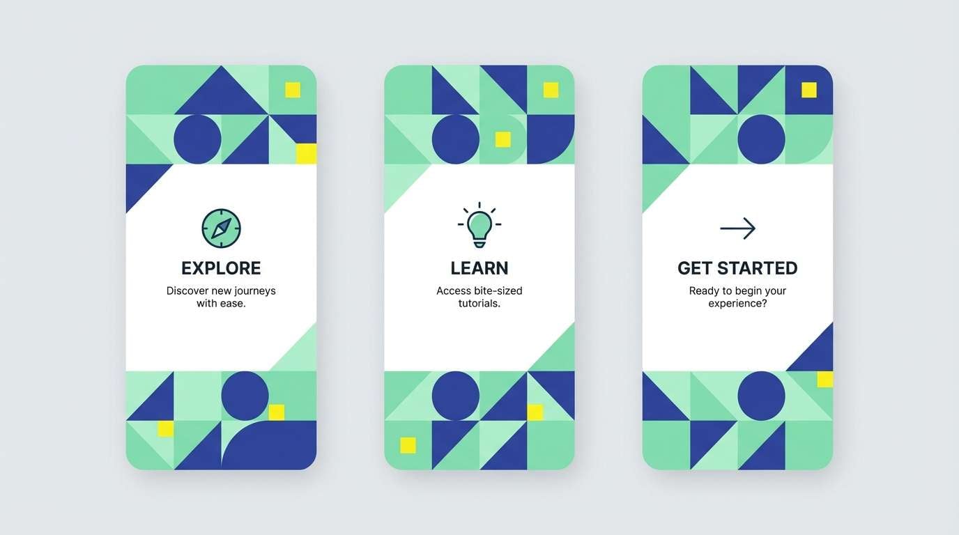 app onboarding ui screens in green blue yellow color scheme