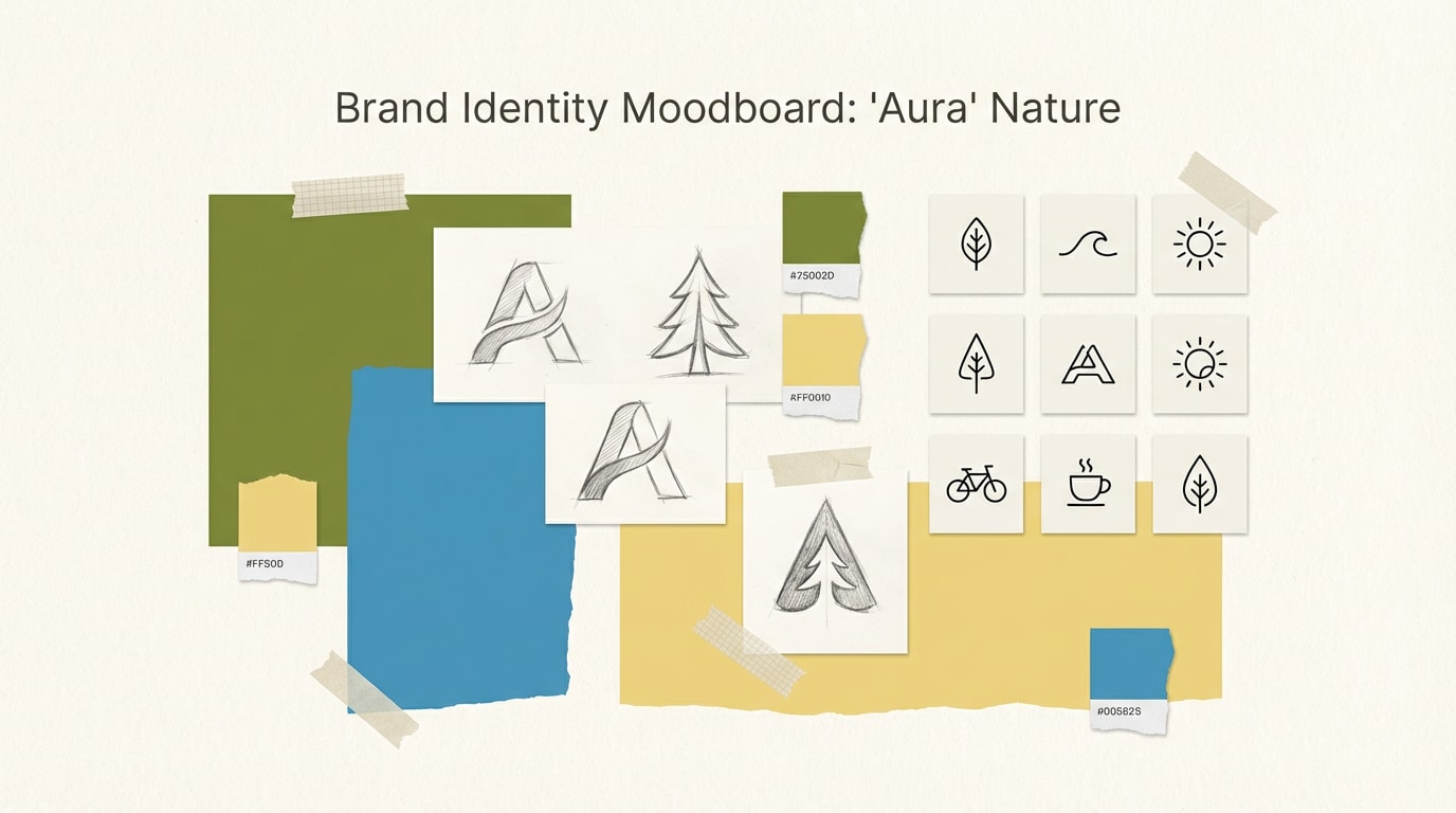 brand moodboard layout with green blue yellow accents