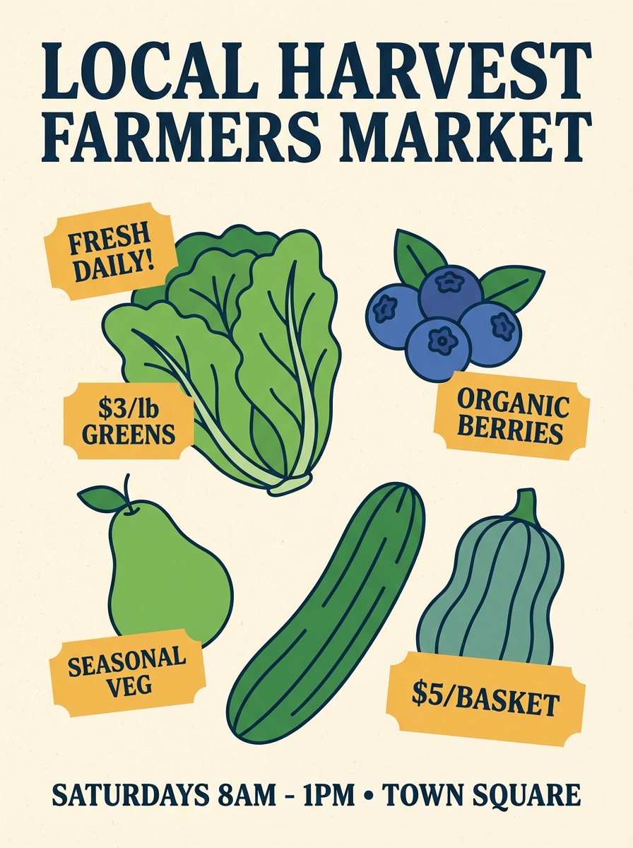 farmers market poster in green blue yellow tone