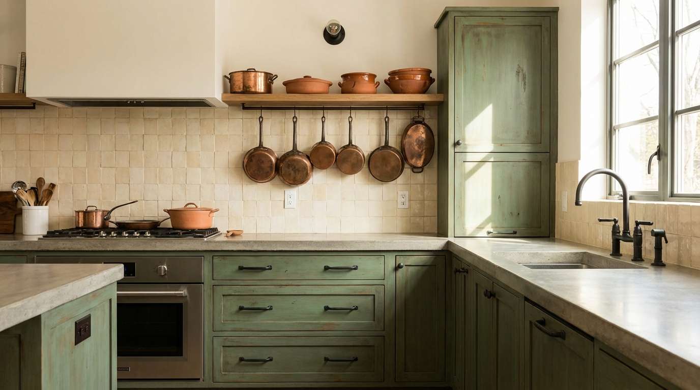 green kitchen copper accents