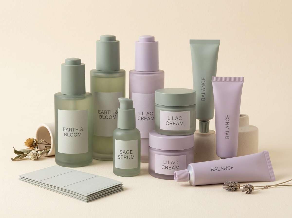minimal skincare packaging in sage lilac